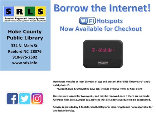 Borrow the internet! Wi-Fi hotspots now available for checkout from Hoke County Public Library. 910-875-2502
